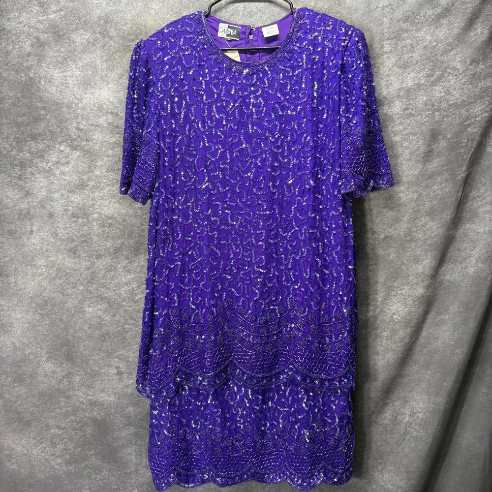 Carina Vintage Purple 100% Silk Beaded Sequin Dress Plus Size 2X Statement Event